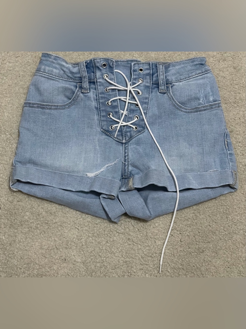 PacSun Shorts Blue High Rise Super Stretch Shortie Lace Up Cuffed Women Sz 23